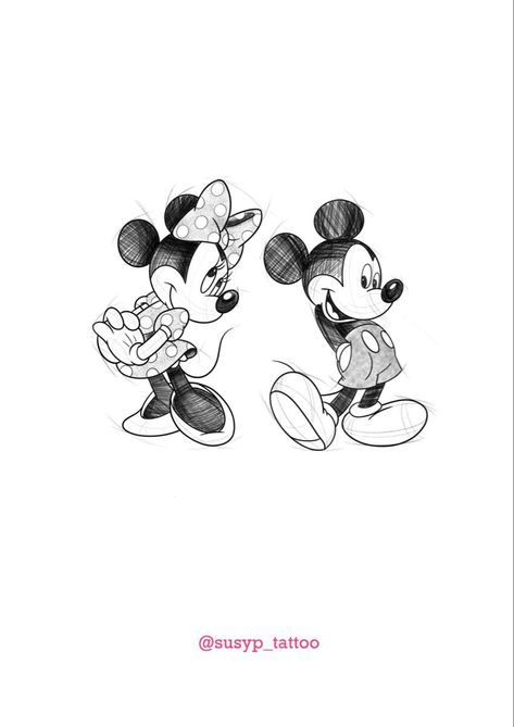 Mickey Minnie Mouse Tattoo, Mickey And Minnie Black And White, Mini Mouse Tattoo Designs, Minnie Tattoo Ideas, Mickey Mouse Tattoo Design, Mickey And Minnie Sketch, Mickey Minnie Tattoo, Mickey And Minnie Tattoo, Disney Tattoos Mickey