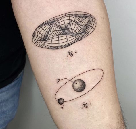 Quantum Physics Tattoo, Physics Tattoo Ideas, Heavy Metal Tattoo, Physics Tattoos, Scientific Tattoo, Atom Tattoo, Chemistry Tattoo, Science Tattoos, Surreal Tattoo