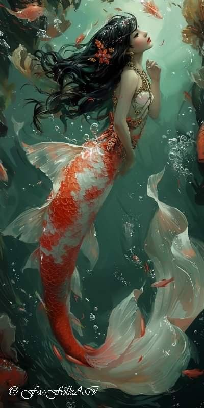 Siren Art Beautiful, Betta Fish Mermaid, Mermaid With Wings, Mermaid Concept Art, Mermaids Real, Siren Creature, Koi Mermaid, Mermaid Oc, Ocean Creatures Art