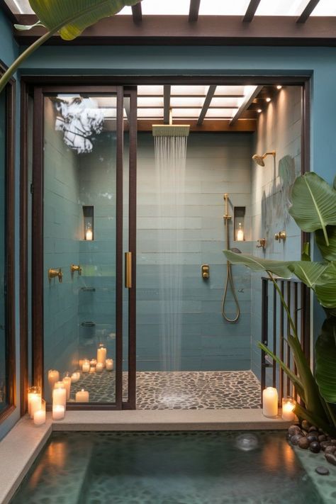 Outdoor tropical bathroom with waterfall shower, candlelight, and natural elements. Jaccuzi Bathroom Master Bath, Bathroom Master Bath, Candlelit Bath, Tropical Showers, Tropical Bathroom, Bathroom Master, Outdoor Bathroom, Waterfall Shower, Tropical Oasis