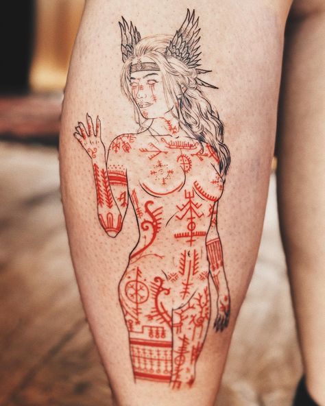 Norse goddess Freyja done in the Åland Islands. Incredibly pleased to have been able to tattoo my version of such a powerful character. Bring me all your ideas of the gods. Freya Tattoo Norse Mythology, Freyja Goddess Tattoo, Freya Goddess Tattoo Design, Viking Art Tattoo, Germanic Tattoos, Freyja Tattoo, Hel Tattoo, Goddesses Tattoo, Freya Tattoo