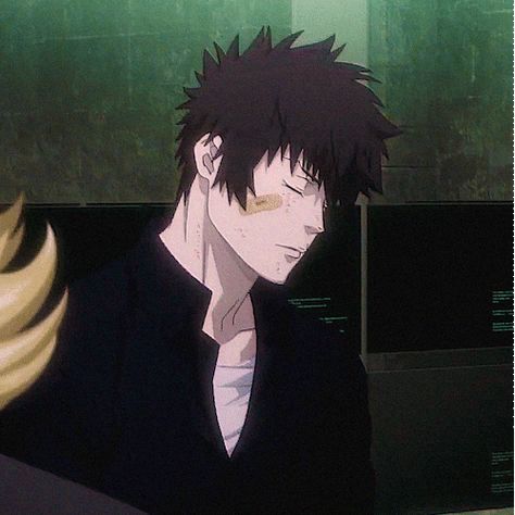 in defense of our dreams on Tumblr Downturned Eyes Anime, Anime Heart Eyes Aesthetic, Anime Man Black Hair Blue Eyes, Black Sclera Eyes Anime, Eyes Blue Like The Atlantic Anime, Kougami Shinya, Shinya Kogami, Kogami Shinya, Titan Anime