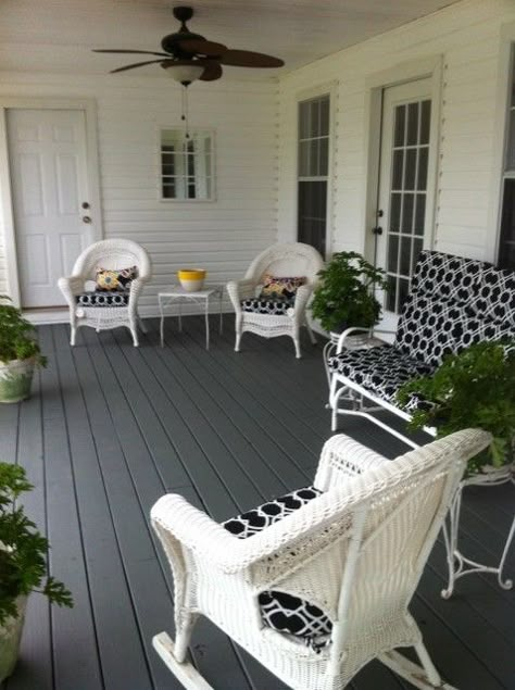 New deck with Gray, White with black and going to add yellows White House With Black Deck, Black Deck With White Railing, Dark Porch Floor, White House Black Trim Deck Color, Black Deck White House, Painted Verandah Floor, Gray And Black Deck, White Porch Floor, Front Porch Floor Colors