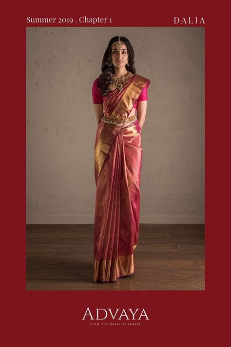 Kanjivaram Wedding Sari, Kanjivaram Saree Styling, Brides In Kanjivaram Saree, Simple Bride Saree, Wedding Kanjivaram Saree, Rose Gold Wedding Saree, South Indian Pink Saree Look, Kanjivaram Saree Draping Styles, Simple Wedding Saree Look