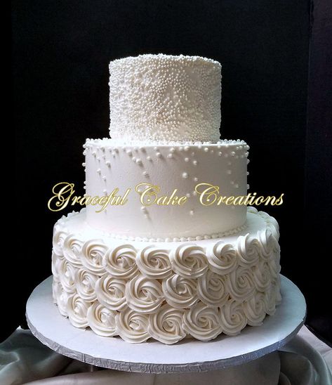 Piped Wedding Cake Buttercream, Wedding Cakes Elegant Classy Simple, Wedding Cake With Rosettes, Butter Cream Wedding Cake, Cream Wedding Cake, Wedding Cake Table Decorations, Cream Wedding Cakes, Burgundy Wedding Cake, Wedding Cake Display