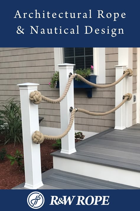 Nautical Fence Rope, Nautical Rope Fence Ideas, Rope Fencing Ideas, Nautical Deck Railing, Nautical Posts With Rope, Nautical Backyard Ideas, Decking With Rope Railing, Nautical Fence Ideas, Nautical House Exterior