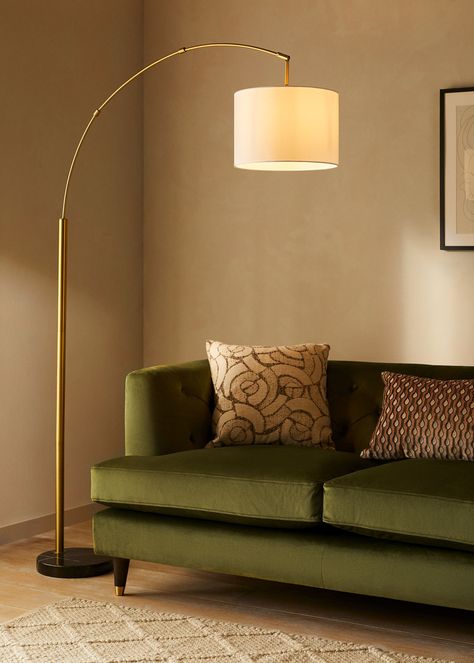 Large Arc Floor Lamp, Floor Arch Lamp, Over Arching Floor Lamps Living Room, Soho Home Floor Lamp, Sofa Lamp Ideas, Mid Century Modern Floor Lamps Living Room, Lamps Floor Living Room, Over Head Floor Lamp, Bedroom Lighting Floor Lamp