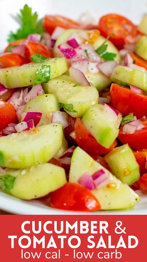 Cucumber and tomato salad Cholesterol Friendly Recipes, Cucumber Onion Salad, Cucumber And Tomato Salad, Low Carb Side Dish, Tomato And Onion Salad, Cucumber And Tomato, Low Carb Side, Marinated Cucumbers, Marinated Tomatoes