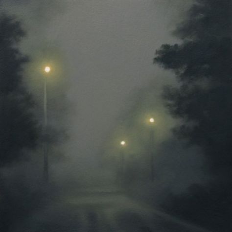 Foggy Street, Foggy Night, Street Lights, At Night, Oil Painting, Trees, Wood