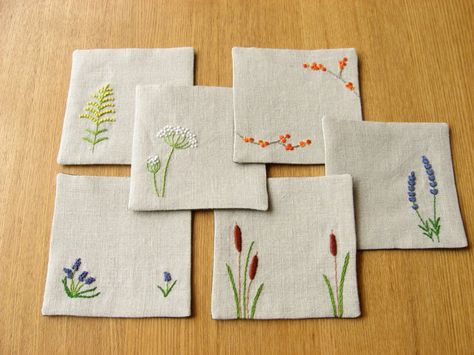 RESERVED for chauhie -- Custom Hand Embroidered 6-Coaster Set Embroidery Coasters, Handkerchief Embroidery, Embroidered Coasters, Embroidery Napkins, Embroidered Napkins, Pola Sulam, Simple Embroidery, 자수 디자인, Hand Embroidery Art