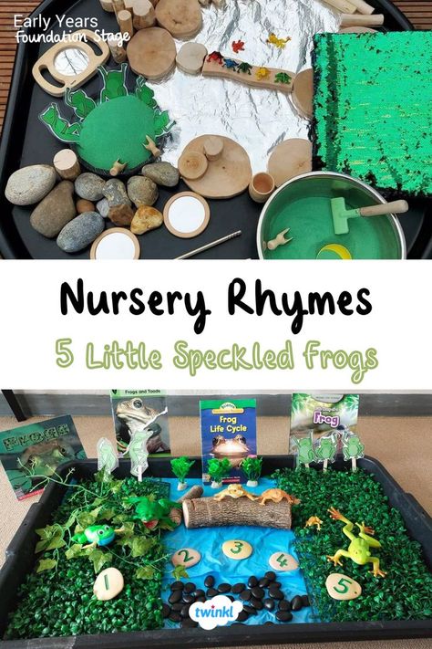 5 little speckled frogs tuff trays! A perfect way to bring your nursery rhyme to life. Enjoy these 5 little speckled frogs activities for eyfs by clicking on the pin. Special thanks to @our_life_our_play and Davey Wazoaski Nursery Rhyme Play, Nursery Rhyme Sensory Table, Nursery Rhyme Provocations, Nursery Rhyme Eyfs Activities, Stem Nursery Rhymes, House Corner Activities Early Years, Nursery Rhyme Week Eyfs, Frog Tuff Tray, 5 Speckled Frogs Activities