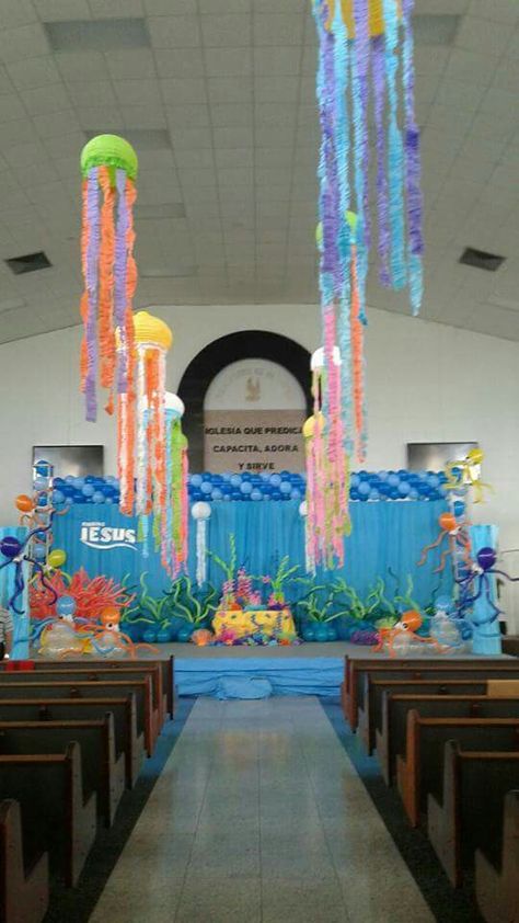 Ocean School Decorations, Ocean Stage Decorations, Under Water Vbs Decorating Ideas, Scuba Theme Vbs Decorations, Underwater Theme Decorations, Scuba Vbs Stage Decorations, Under The Sea Backdrop Ideas, Deep Sea Decorations, Scuba Diving Into Friendship With God Vbs Crafts