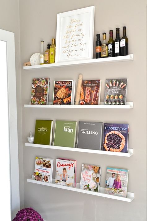 HOW I CREATED MY DIY COOKBOOK WALL USING IKEA PICTURE LEDGES Ikea Picture Shelves, Ikea Bedroom Design, Book Storage Ideas, Cookbook Display, Ikea Picture Ledge, Kitchen Bookshelf, Cookbook Storage, Picture Ledges, Ikea Pictures