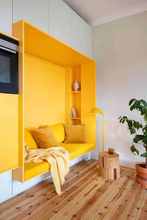 Built In Wall Units, Yellow Dining Room, Yellow Couch, Yellow Furniture, Yellow Interior, Yellow Bedroom, In The Corner, Yellow Walls, Interior Modern