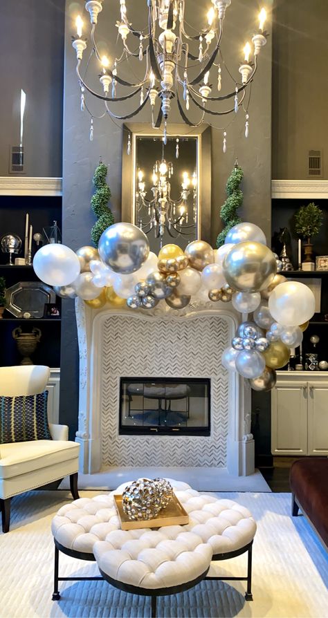 Balloon Garland For Mantle, Balloon Arch On Fireplace Mantle, Balloon Garland On Fireplace Mantle, Fireplace Birthday Party Decor, Balloon Garland Fireplace Mantle, Mantel Balloon Garland, Balloon Arch Around Fireplace, Balloon Garland On Mantle, Balloons On Fireplace