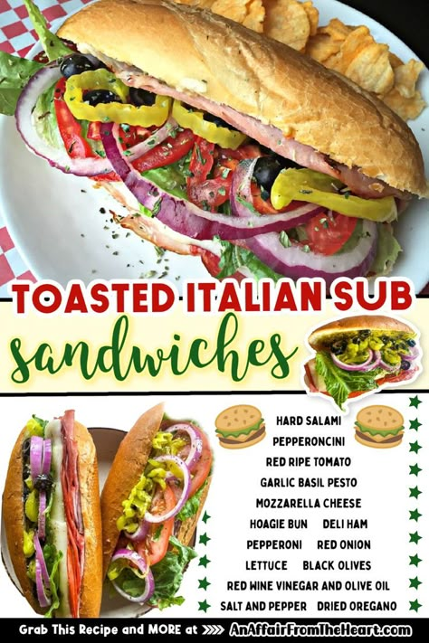 Toasted Italian Sub Sandwich on a white plate with potato chips. Healthy Sub Sandwiches, Italian Hoagie Sandwiches, Foods For Catering, Sub Sandwich Recipes, Deli Sandwiches Recipes, Big Sandwiches, Gourmet Sandwiches Recipes, Italian Sub Sandwich, Italian Sandwich Recipes