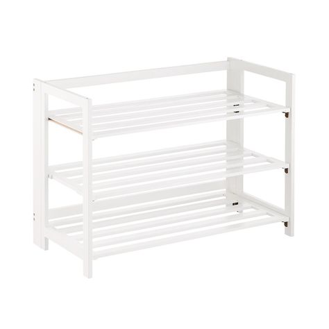 3-Tier White Folding Shoe Rack | The Container Store Shoe Rack White, Dorm Shoe Rack, Show Racks Designs, Shoe Racks Closet, Trashy Bedroom, Shoe Rack Ideas Bedroom, Cute Shoe Rack, White Wooden Shoe Rack, Closet Shoe Racks