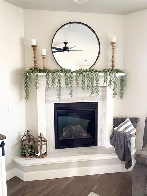 Fireplace Decor Greenery, Dark Wood Mantle Decor, Fireplace Hanging Decor, Greenery For Mantle Fire Places, Modern Boho Fireplace Mantle Decor, Shallow Mantle Decor, Year Round Mantle Decor Modern, Greenery On Fireplace Mantel, Easy Mantle Decor Simple