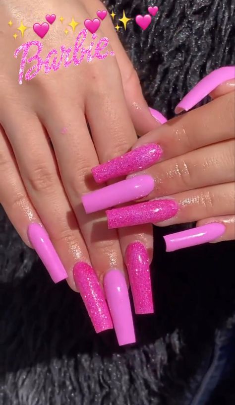 Neon Pink Glitter Nails, Hot Pink Glitter Nails Acrylic, Cute Long Square Nails, Hot Pink Long Nails, Candy Nails Acrylic, Pink Disney Nails, Different Shades Of Pink Nails, Pink Glam Nails, Birthday Nails Square