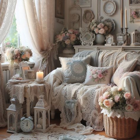 Shabby Chic House Decor - Lace and Linen Textiles Shabby Chic Exterior, Shappy Chic, Living Room Shabby Chic, Shabby Chic Small Living Room, Shabby Chic Loving Room Furniture, French Shabby Chic Decor, Shabby Chic Pink The Vintage Artistry, Shabby Chic Bedrooms Curtains & Drapes, Shabby Chic Coffee Table