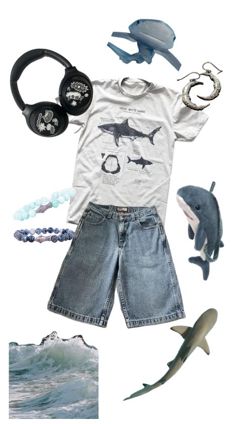 Beach Clothing Aesthetic, Water Themed Outfits Male, Shark Inspired Outfit, Ocean Boy Aesthetic, Seacore Outfit, Sharkcore Outfits, Ocean Core Outfits, Ocean Aesthetic Clothes, Oceancore Outfit