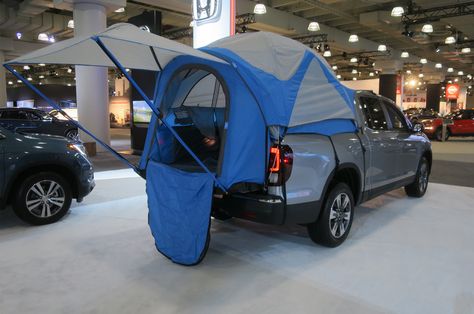 Honda now offers a custom-fit bed tent for the 2017 Ridgeline pickup truck. http://www.hondaofaventura.com/ Honda Ridgeline Camping, Truck Tent Camping, Truck Cap Camper, Jeep Upgrades, Honda Truck, Bed Tents, Motogp Valentino Rossi, Truck Bed Tent, Dunk Contest