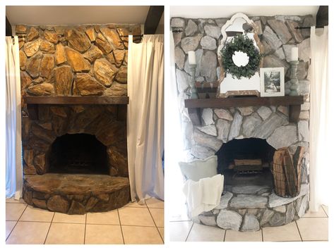 Updating Rock Fireplace Wall, Removing Paint From Stone Fireplace, How To Add A Mantle To A Stone Fireplace, Restoring Fireplace, Dark Rock Fireplace, Covering Rock Fireplace, Update River Rock Fireplace, Painted Flagstone Fireplace, How To Update A Stone Fireplace