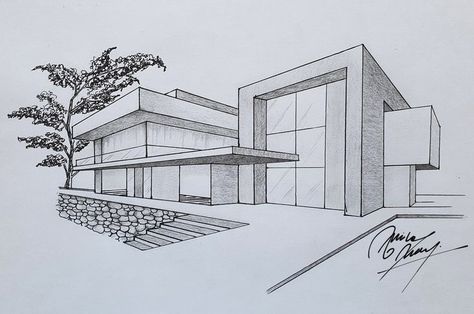 Architecture Drawing One Point Perspective, Architectural House Sketch, Sketch Of A Building, 1 Point Perspective Architecture, Sketch Ideas House, Two Perspective Drawing Buildings, Building Drawings Architecture, Building Drawing Perspective, House Perspective Architecture