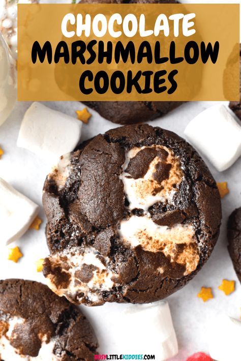 Quick Marshmallow Dessert, Marshmallow Surprise Cookies, What To Do With Mini Marshmallows, Chocolate Cookies With Marshmallows, Marshmallow Fluff Cookie Recipes, Mini Marshmallow Cookies, Chocolate Marshmallow Cookies Recipe, Chocolate Marshmallow Cookie, Brownie Marshmallow Cookies