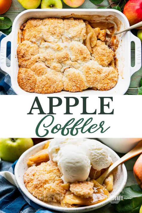 Apple season in the mountains of Virginia means apple butter on cornbread, jars of homemade applesauce, apple crisp, apple pie, and of course -- this old-fashioned apple cobbler recipe! With a warmly spiced fresh fruit filling, buttery biscuit crust, and vanilla ice cream on top, it's one of autumn's most delicious desserts! Apple And Peach Recipes, Can Apple Pie Filling Recipes Easy, Apple Cobbler Easy, Deep Dish Apple Pie, Old Fashioned Apple Pie, Biscuit Crust, Apple Cobbler Recipe, Frozen Biscuits, Apple Pie Filling Recipes