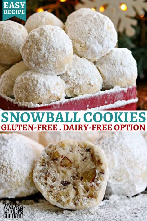 Dairy Free Christmas Recipes, Dairy Free Christmas, Mama Knows Gluten Free, Russian Teacakes, Gluten Free Christmas Desserts, Gluten Free Christmas Recipes, Gluten Free Christmas Cookies, Mexican Wedding Cookies, Gluten Free Holiday