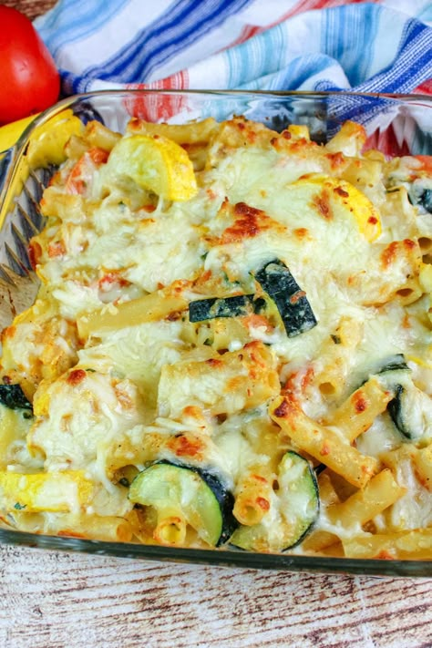 Baked Ziti and Summer Veggies Baked Ziti With Veggies, Zucchini Ziti Bake, Veggie Ziti Bake, Baked Ziti With Vegetables, Vegetable Baked Ziti Recipe, Summer Vegetable Casserole Recipes, Chicken Zucchini Pasta Bake, Baked Pasta Side Dishes, Zucchini Baked Ziti