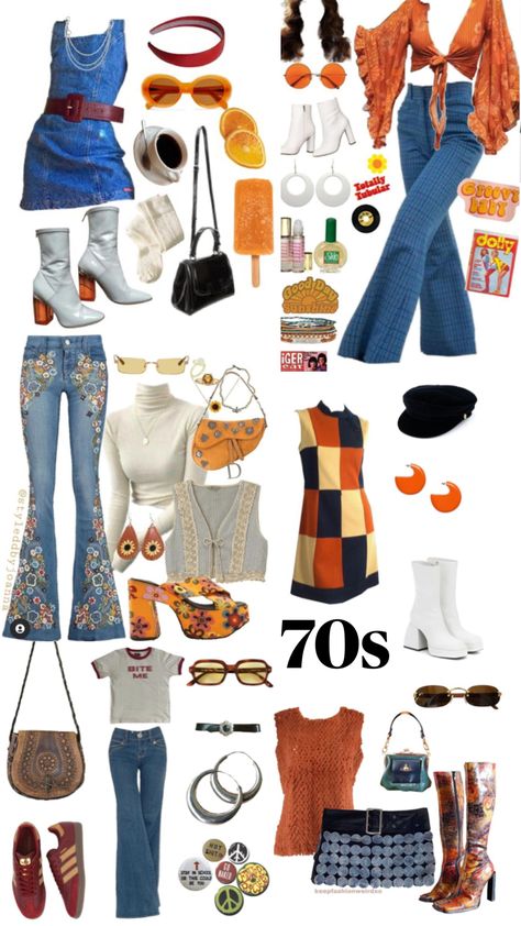 NOT MY COLLAGES I JUST PUT THEM TOGETHER!!! Decade Outfits, 70s Outfit, 70 Outfits, 70s Inspired Outfits, 70’s Outfit, Moda Hippie, Outfits 70s, Mode Hippie, Fest Outfits