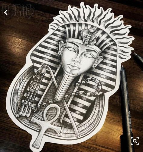 Pharoah Tattoo, King Tut Tattoo, Gods Tattoo, Pharaoh Tattoo, Egypt Tattoo Design, Egyptian Drawings, Egyptian Tattoo Sleeve, Anubis Tattoo, African Tattoo