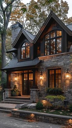 Marble Mansion Exterior, Dark Brick And Stone Home Exterior, Dream Home In The Woods, Modern Cozy House Exterior, Modern Old House, Small Farmhouse Exterior, Old Modern House, Elegant House Exterior, Modern Stone House