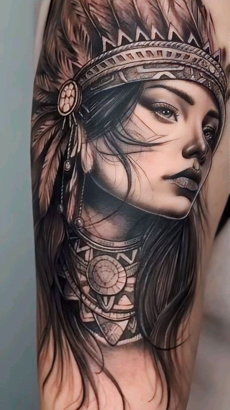 Native Warrior Woman Tattoo, Female Indian Tattoo, Native American Tattoos Cherokee, Native American Woman Tattoo, Native American Tattoos For Women, Tattoo Indien, Native American Warrior Tattoos, Indian Women Tattoo, Cherokee Indian Tattoos