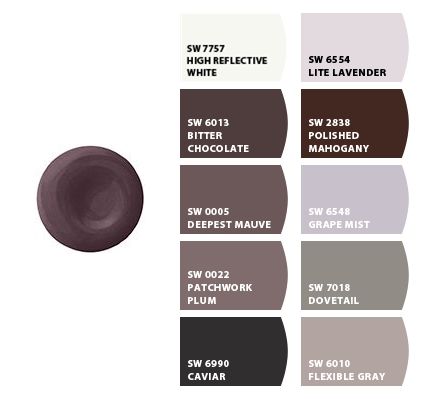 Sherwin Williams Flexible Gray, Brownish Purple Paint, Purple Toned Grey Paint, Paint Colors For Wood Trim, Purple Gray Paint, Painted Front Door Ideas, Grey Purple Paint, Plum Bathroom, Horror Bedroom