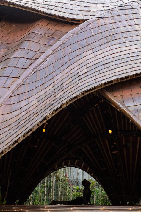 Ibuku’s innovative bamboo structure makes idyllic yoga centre in Bali Red Ceiling, Dome Structure, Bamboo Structure, Bamboo Architecture, Permaculture Gardening, Yoga Center, Beautiful Yoga, Tropical Design, Sustainable Architecture