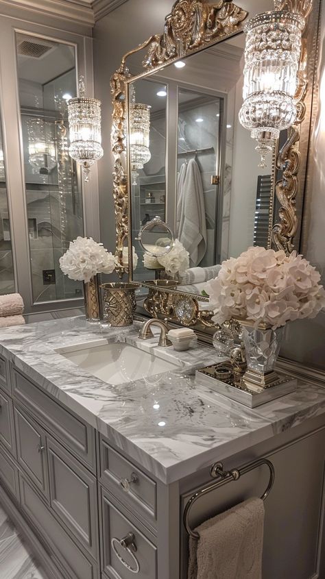 15 Gorgeous Bathroom Vanity Designs To Upgrade Your Space - Planted Shack Bathroom Vanity Fancy, Small Fancy Bathroom Ideas, Remodel Guest Bathroom Ideas, Preppy Restroom, Modern Glam Bathroom Ideas, Mirror In Shower Ideas, Old Money Aesthetic Bathroom, Vanity Ideas Bathroom Modern Luxury, Luxury Restroom Design