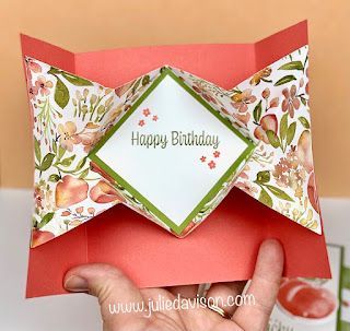 You're a Peach Designer Paper Explosion Card + VIDEO | Julie's Stamping Spot | Bloglovin’ Explosion Cards Ideas, Explosion Card Tutorial How To Make, Explosion Card Ideas, Julie Davison Stampin Up Card Tutorials, Explosion Card Tutorial, Stamping Up Cards Tutorials, Explosion Cards, Explosion Card, Pop Out Cards