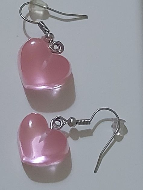 Pink Aesthetic Earrings, Resin Dangle Earrings, Heart Shaped Accessories, Cute Pink Earrings, Lovecore Accessories, Heart Shaped Things Aesthetic, Heart Shaped Clothes, Heart Clothes Aesthetic, Pink Earrings Aesthetic