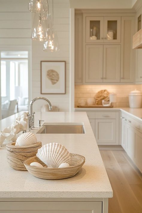 29 Coastal Preppy Kitchen Ideas to Create a Fresh Seaside Vibe 15 Coastal Kitchen Sink Ideas, Modern Beachy Kitchen, Beachouse Kitchen Ideas, Coastal Grandmother Aesthetic Kitchen, Luxury Beach House Interior Kitchen, Sand Countertops Kitchen, Beach House Interior Design Kitchen, Small Beachy Kitchen, Modern Beach House Decor Kitchen