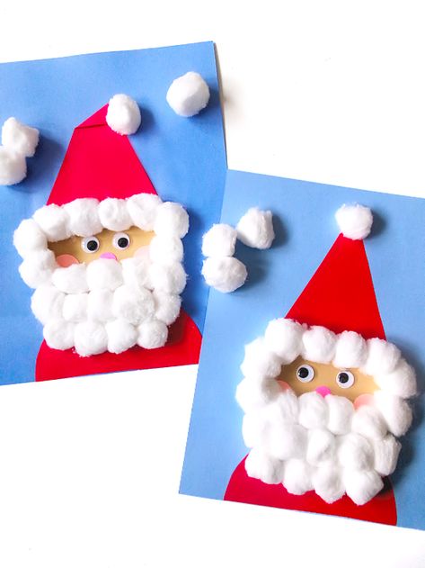 Cotton Ball Winter Crafts For Kids, Puffy Paint Santa Craft, Santa Cotton Ball Craft, Christmas Crafts With Cotton Balls, Cotton Ball Snowman Craft, Santa Art Preschool, Santa Crafts For Preschoolers, Cotton Ball Christmas Crafts, Preschool Santa Craft