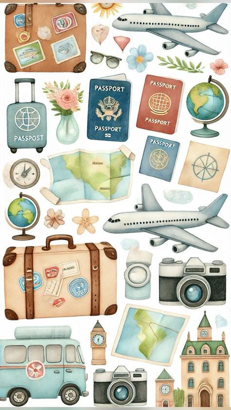 Travel Stickers Aesthetic, Adventure Clipart, Travel Journal Stickers, Travel Stickers Printable, Aesthetic Wallpaper Macbook, Notebook Clipart, Wallpaper Travel Aesthetic, Vacation Stickers, Aesthetic Wallpaper Travel