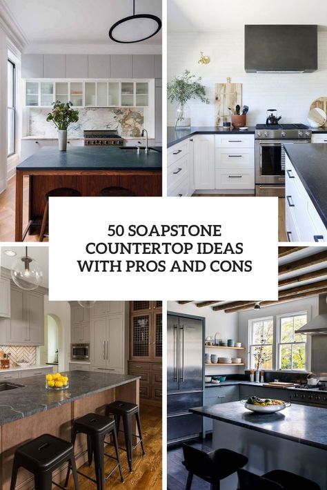 soapstone countertop ideas wiht pros and cons cover Soapstone Countertops Wood Cabinets, White Soapstone Countertops, Two Tone Countertops Kitchen, Kitchen With Soapstone Countertops, Black Soapstone Countertops, White Marble Tile Backsplash, White Herringbone Tile Backsplash, Soapstone Countertops Kitchen, Contrasting Kitchen Island