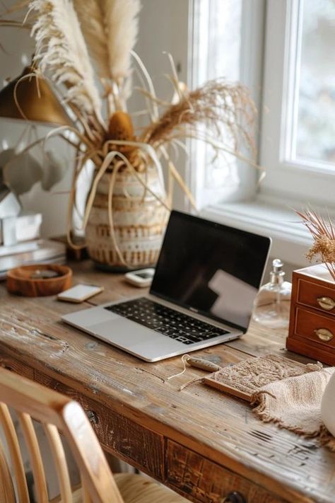 Boho Desk Essentials for a Chic Workspace Boho Workspace, Office Sanctuary, Boho Style Office, Half Wall Ideas, Sofa Scandinavian Style, Chic Workspace, Boho Desk, Boho Nature, Meaningful Artwork