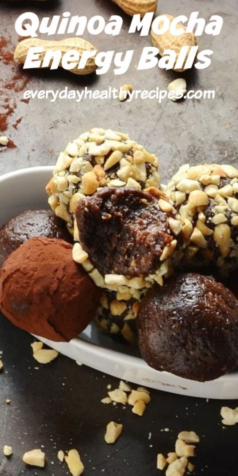 This recipe for quinoa mocha energy balls is packed full of healthy protein and delicious ingredients.  These balls make a fantastic, low carb snack or dessert. Refrigerate for up to 3 days. #energyballs #energybites #quinoarecipe #mocha #chocolaterecipes #healthysnacks #everydayhealthyrecipes Energy Balls Recipe, Peanut Butter Energy Balls, Healthier Snacks, Easy Lunch Boxes, Energy Ball Recipe, Low Carb Snack, Low Carb Dessert, No Bake Snacks, Fiber Foods