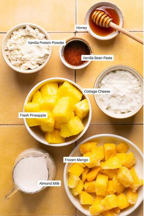 High Protein Tropical Cottage Cheese Smoothie Cottage Cheese Smoothie Recipes, Tropical Cottage, Cottage Cheese Smoothie, Protein Cottage Cheese, Cottage Cheese Recipes Healthy, High Protein Smoothies, Coconut Protein, High Protein Desserts, Competition Prep