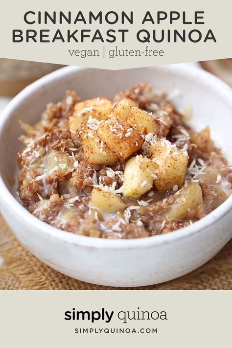 This Cinnamon Apple Breakfast Quinoa is the BEST healthy and gluten-free breakfast! Easy recipe that is fiber and protein-packed! Such a cozy bowl, just leave out the honey to make vegan! #cinnamonapple #breakfast #quinoa #breakfastquinoa Cinnamon Apple Breakfast, Cinnamon Quinoa, Burrito Vegan, Breakfast Cinnamon, Breakfast Quinoa, Menu Sarapan Sehat, Apple Breakfast, Breakfast Easy, Gluten Free Breakfast