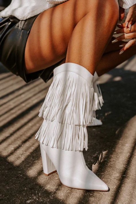 The Banks Faux Leather Fringe Boot … curated on LTK White Fringe Boots Outfit, Block Heel Boots Outfit, Fringe Boots Outfit, Heels Boots Outfit, Boots Outfits, White Fringe, Fringe Boots, Block Heel Boots, Leather Fringe